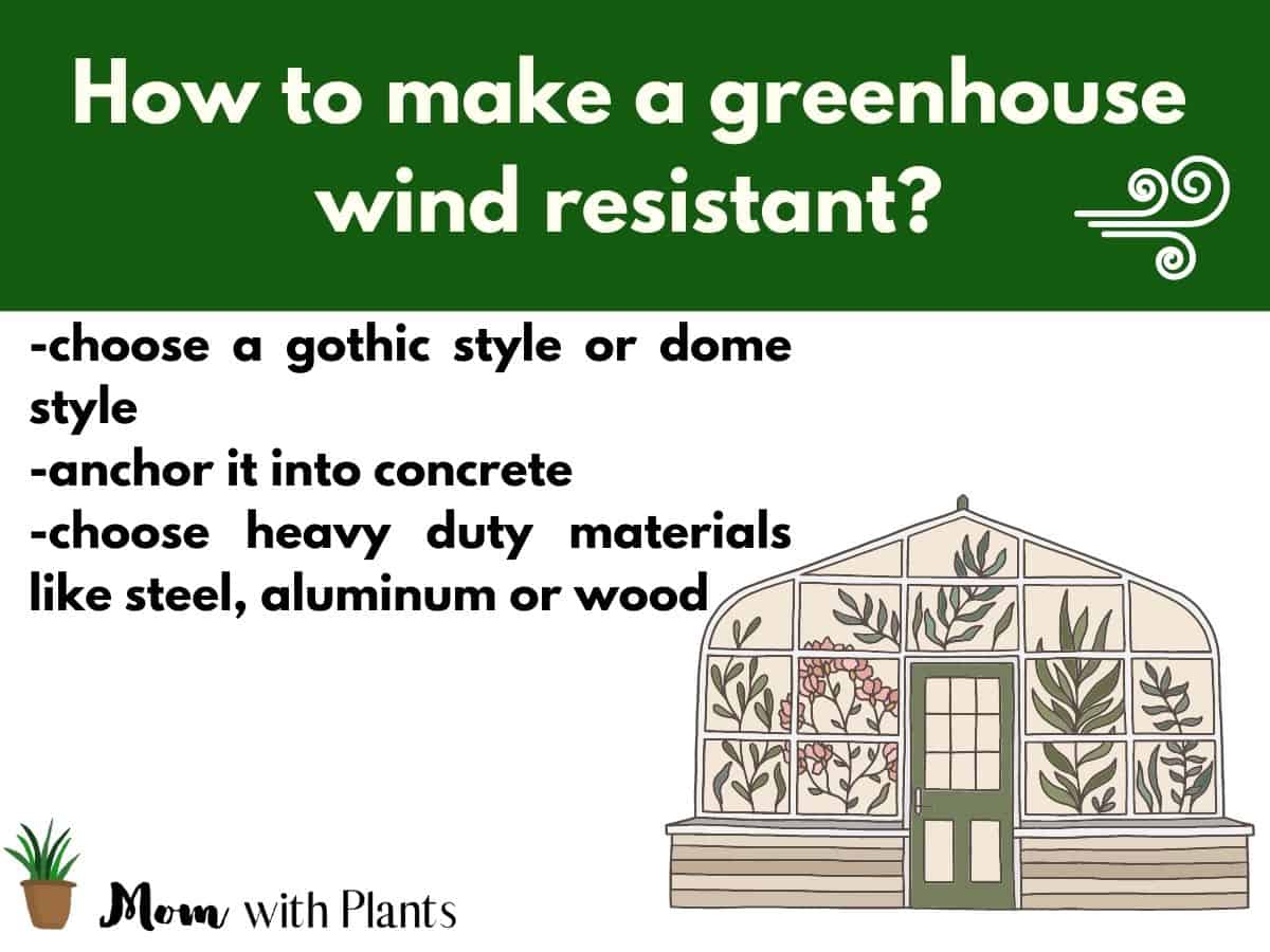 an infographic about how to make a greenhouse wind resistant and a greenhouse shown