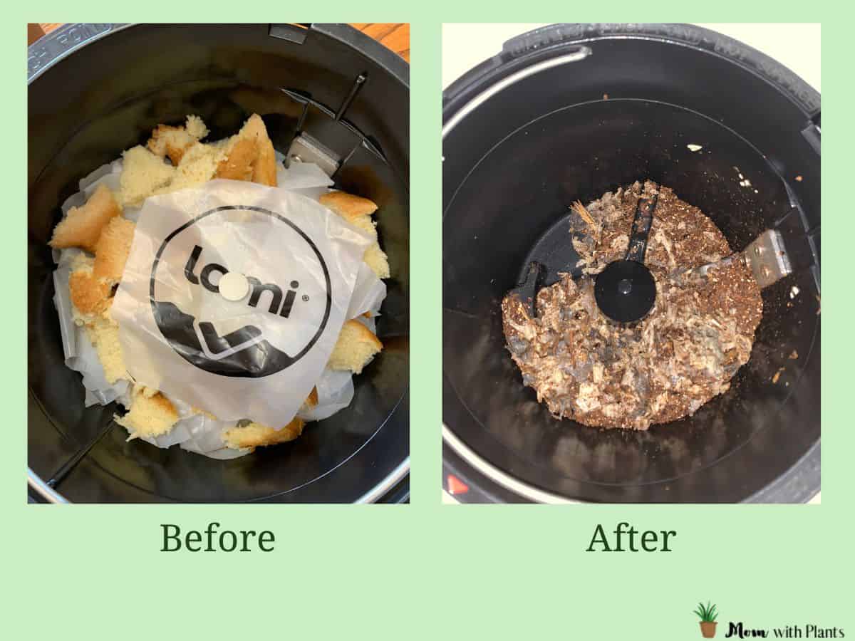 before and after of the lomi composter food scraps and finished compost
