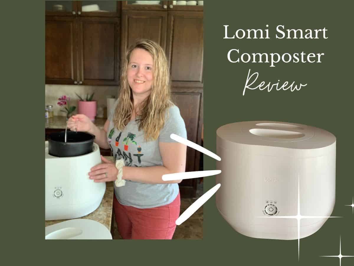 a woman by the Lomi smart composter in her kitchen with text overlay that reads lomi smart composter review